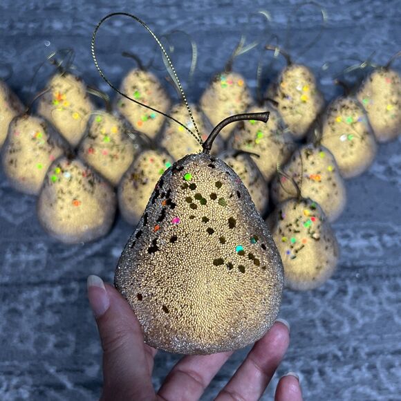 Christmas Ornament Lot Of 16 Gold Beaded & Sequin Pear-3"D, 4.25"H - Picture 1 of 6